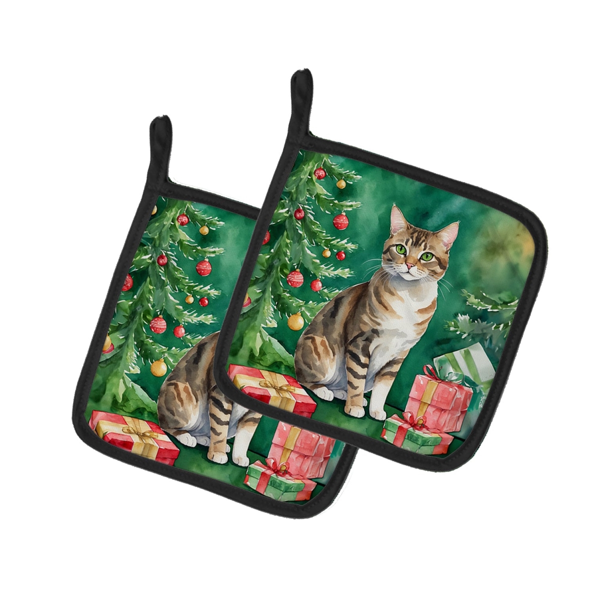 DAC7201PTHD 7.5 x 7.5 in. California Spangled Cat by the Christmas Tree Pot Holders - Set of 2