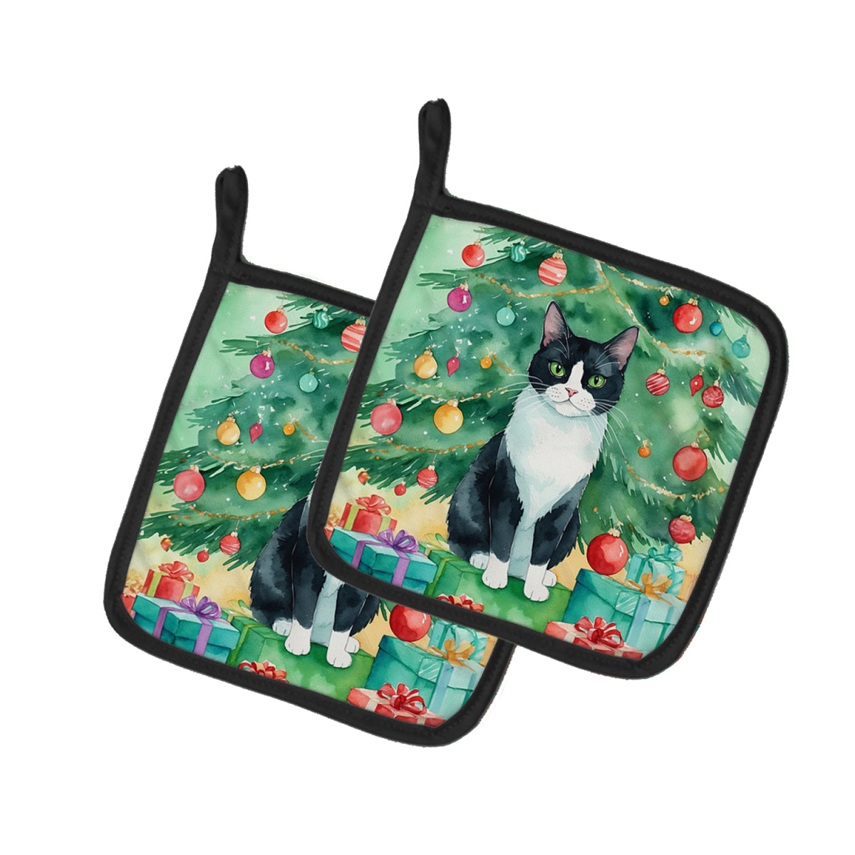 DAC7202PTHD 7.5 x 7.5 in. Chantilly Tiffany Cat by the Christmas Tree Pot Holders - Set of 2