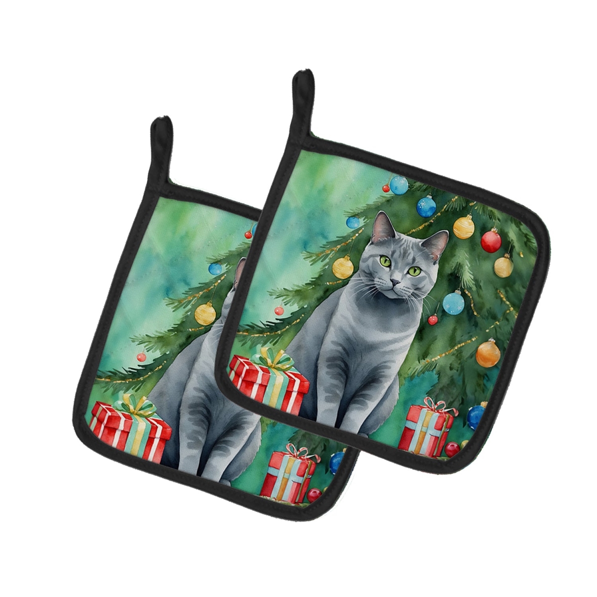 DAC7203PTHD 7.5 x 7.5 in. Chartreux Cat by the Christmas Tree Pot Holders - Set of 2