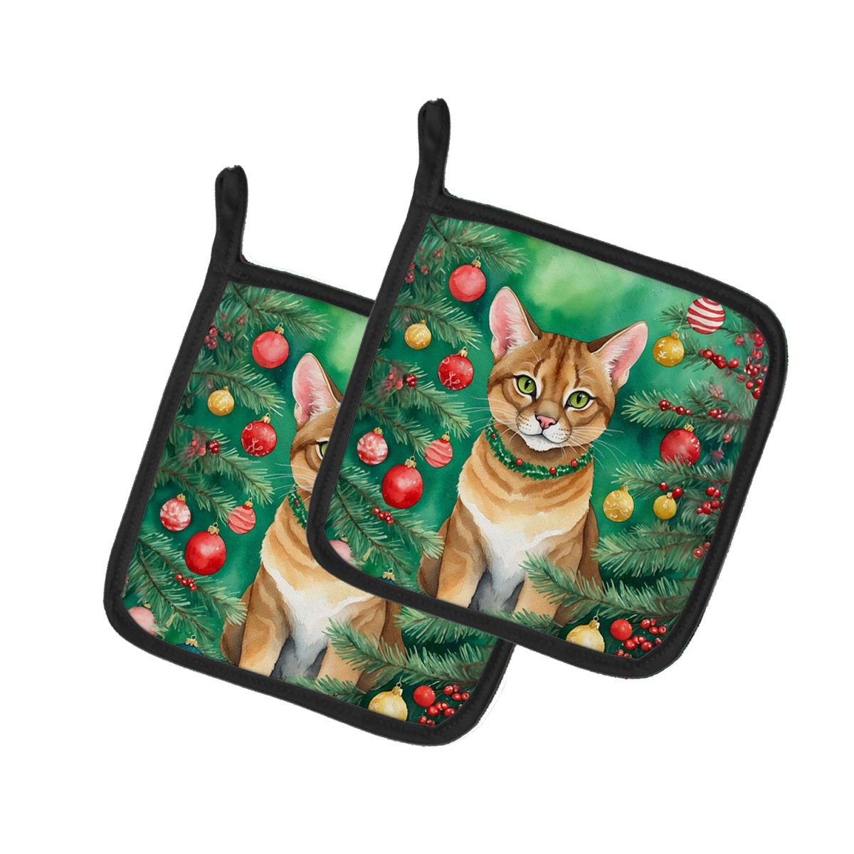 DAC7204PTHD 7.5 x 7.5 in. Chausie Cat by the Christmas Tree Pot Holders - Set of 2