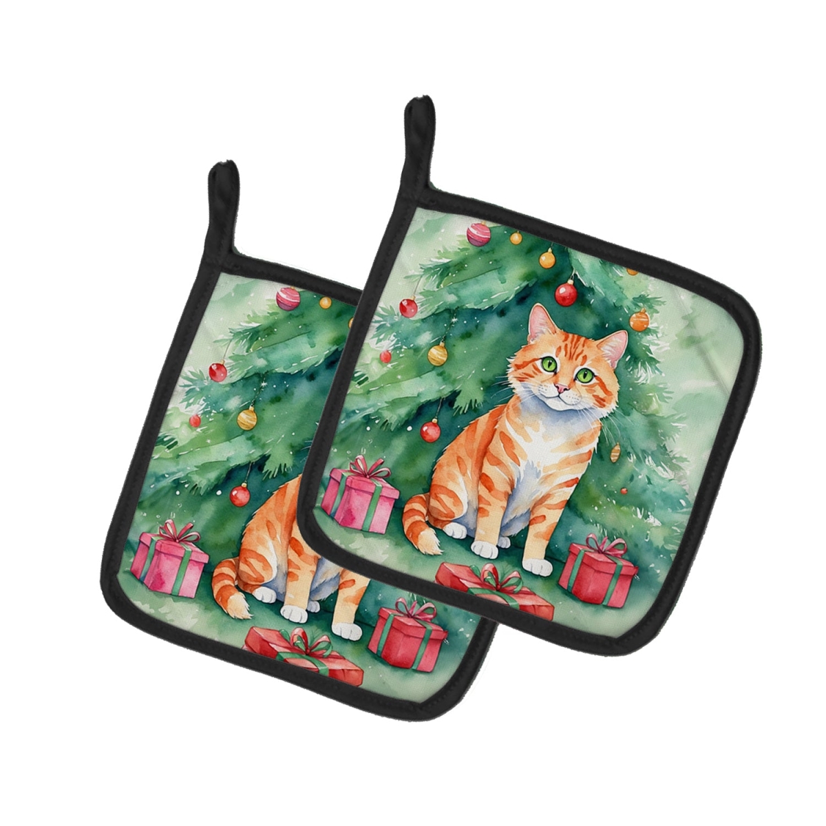 DAC7205PTHD 7.5 x 7.5 in. Cheetoh Cat by the Christmas Tree Pot Holders - Set of 2