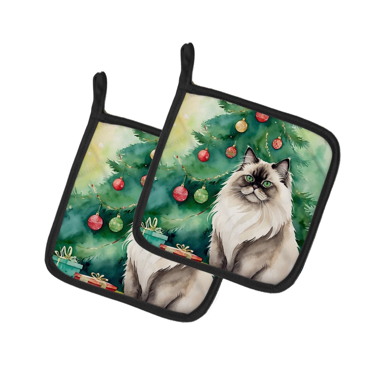DAC7206PTHD 7.5 x 7.5 in. Colorpoint Longhair Cat by the Christmas Tree Pot Holders - Set of 2