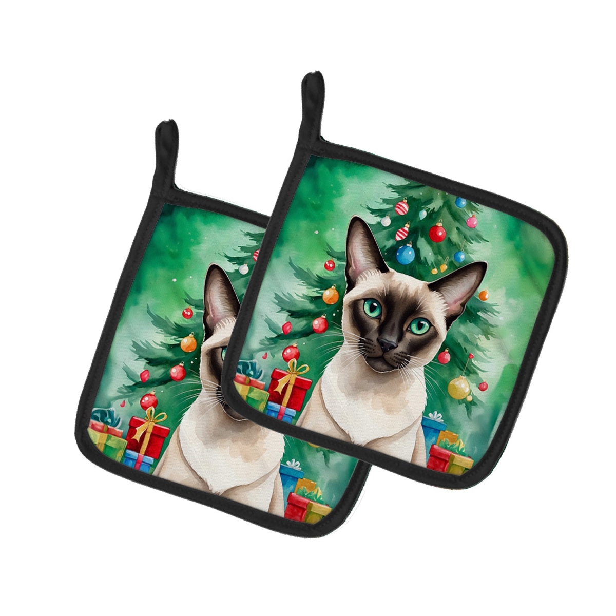 DAC7207PTHD 7.5 x 7.5 in. Colorpoint Shorthair Cat by the Christmas Tree Pot Holders - Set of 2