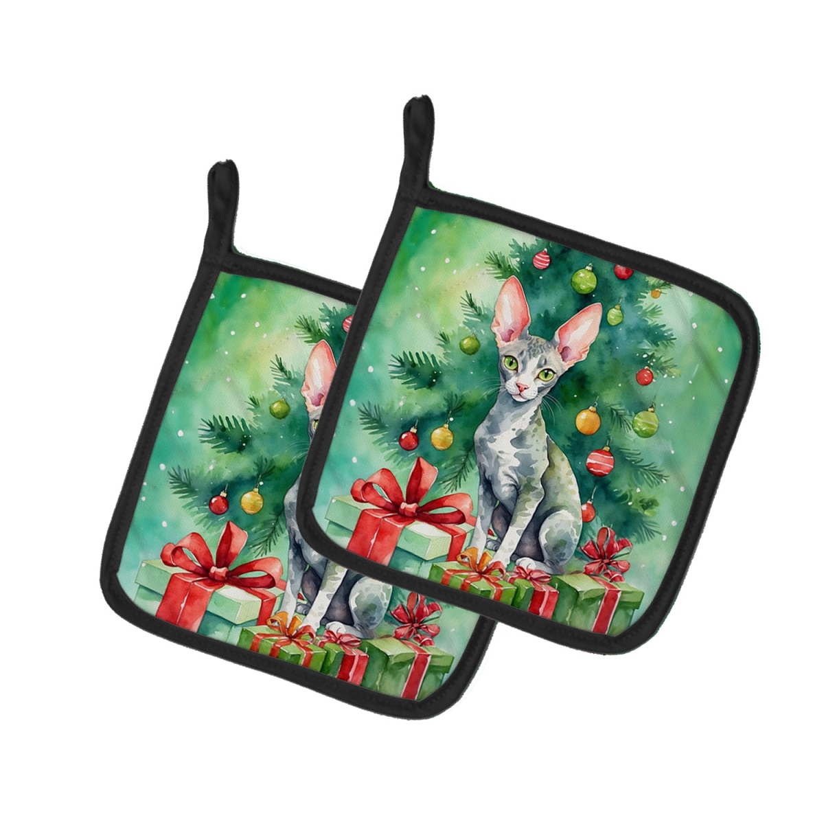 DAC7208PTHD 7.5 x 7.5 in. Cornish Rex Cat by the Christmas Tree Pot Holders - Set of 2