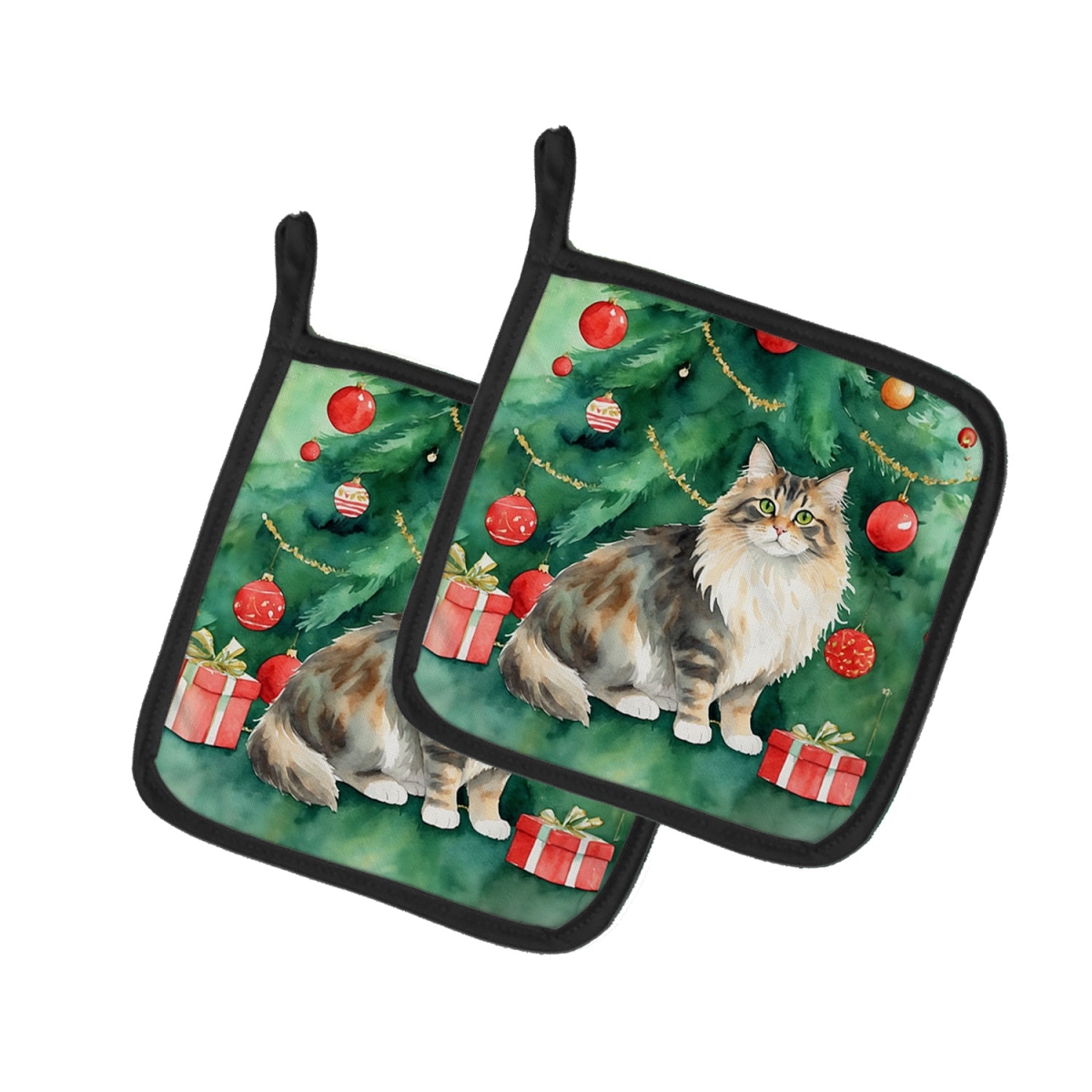 DAC7209PTHD 7.5 x 7.5 in. Cymric Cat by the Christmas Tree Pot Holders - Set of 2