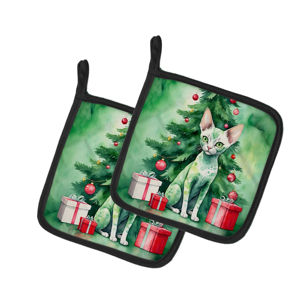 DAC7210PTHD 7.5 x 7.5 in. Devon Rex Cat by the Christmas Tree Pot Holders - Set of 2