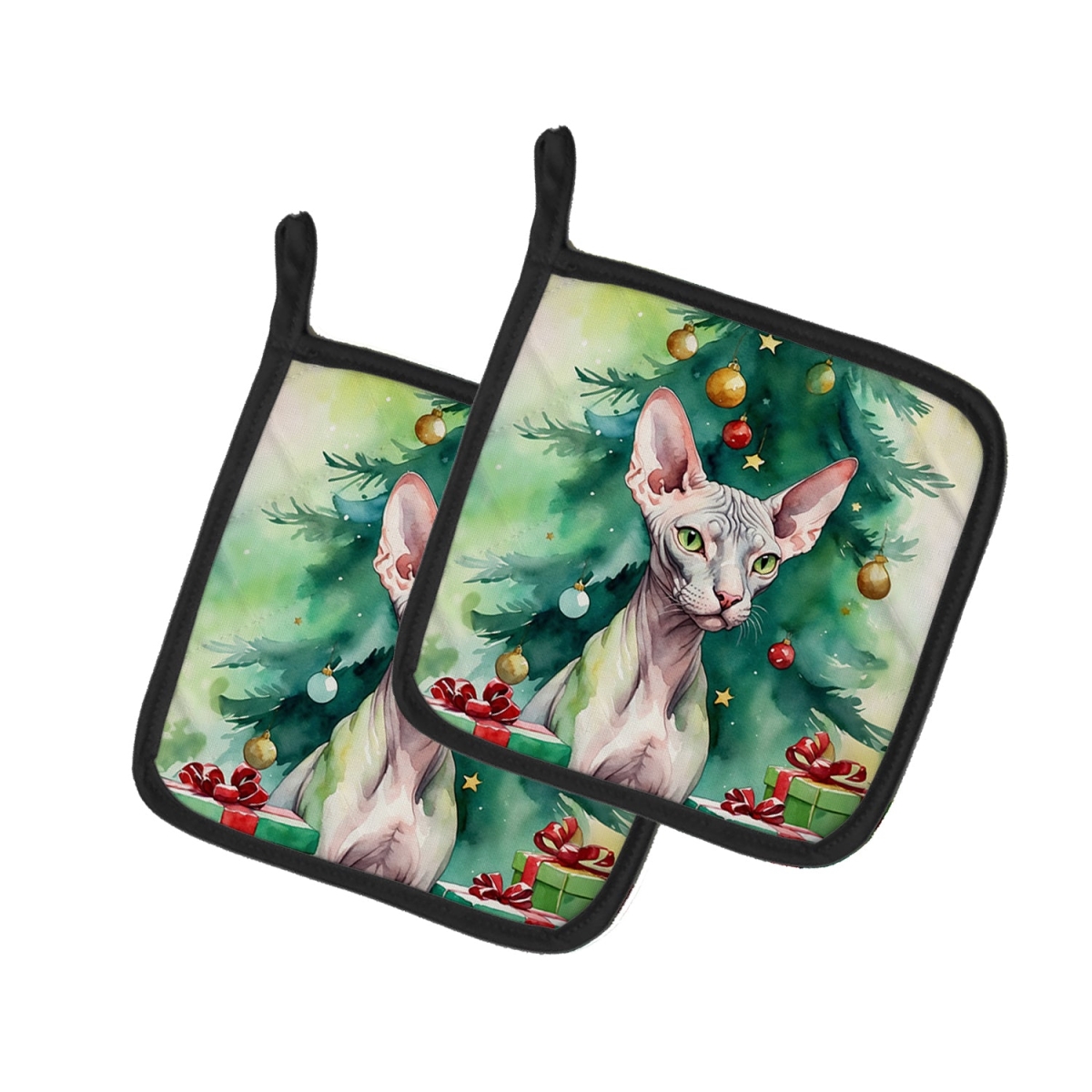 DAC7211PTHD 7.5 x 7.5 in. Donskoy Don Sphynx Cat by the Christmas Tree Pot Holders - Set of 2