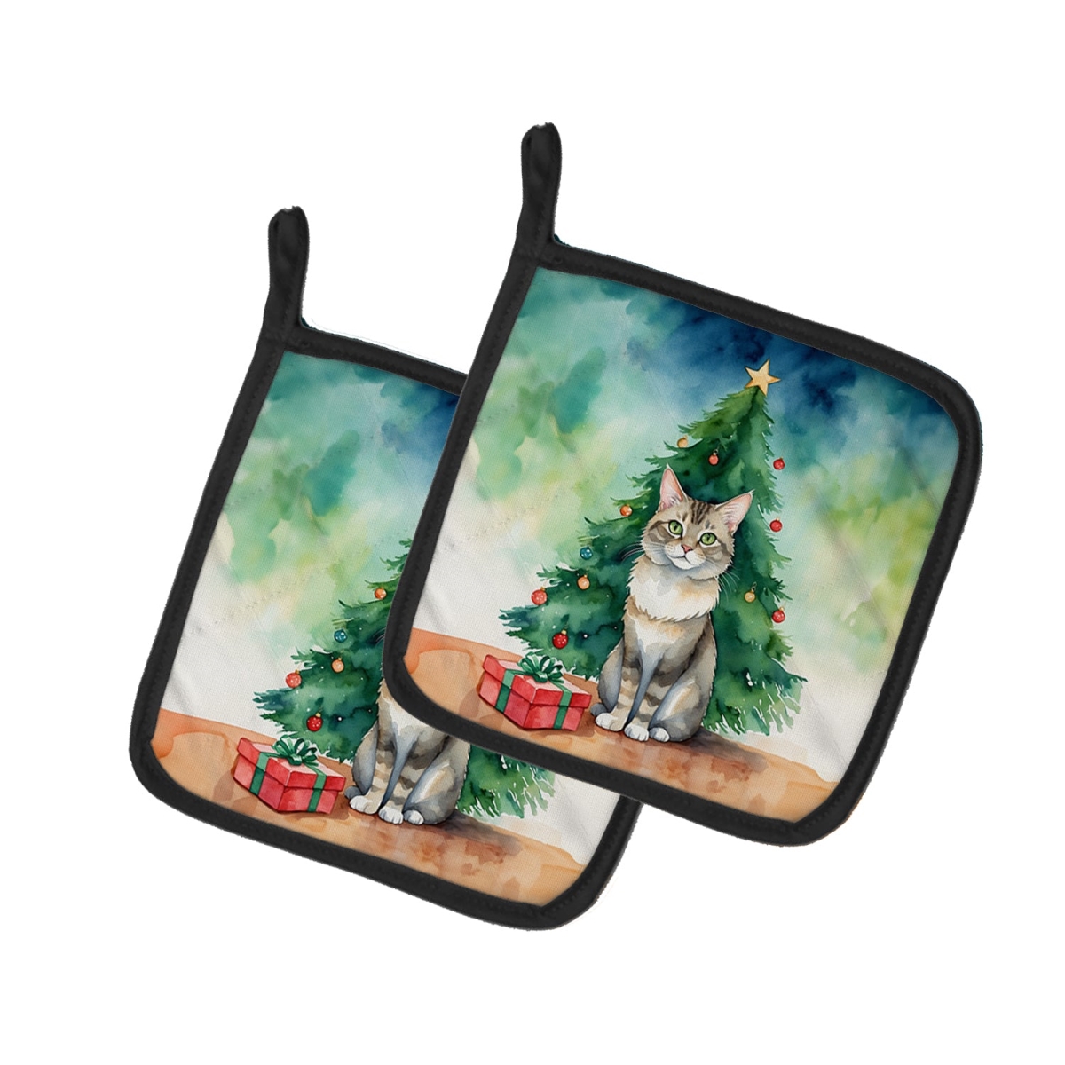 DAC7212PTHD 7.5 x 7.5 in. Dwelf Cat by the Christmas Tree Pot Holders - Set of 2