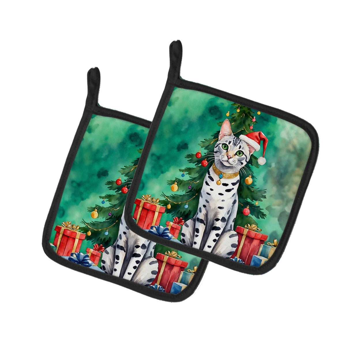 DAC7213PTHD 7.5 x 7.5 in. Egyptian Mau Cat by the Christmas Tree Pot Holders - Set of 2