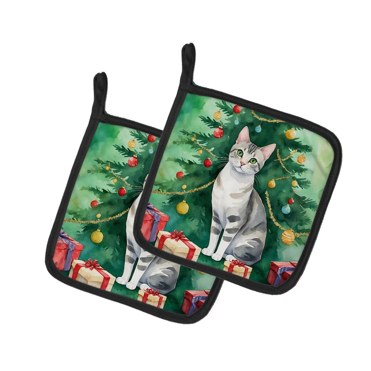 DAC7214PTHD 7.5 x 7.5 in. European Shorthair Cat by the Christmas Tree Pot Holders - Set of 2