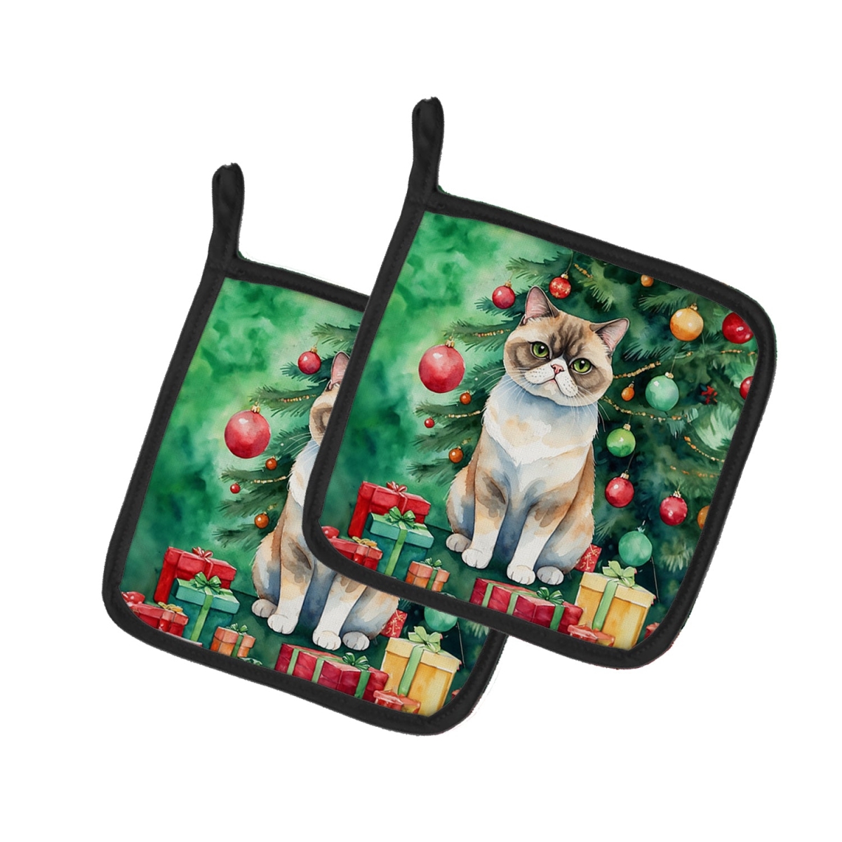 DAC7215PTHD 7.5 x 7.5 in. Exotic Shorthair Cat by the Christmas Tree Pot Holders - Set of 2