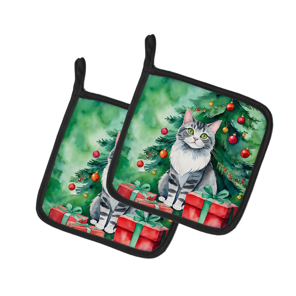 DAC7216PTHD 7.5 x 7.5 in. Foldex Exotic Fold Cat by the Christmas Tree Pot Holders - Set of 2