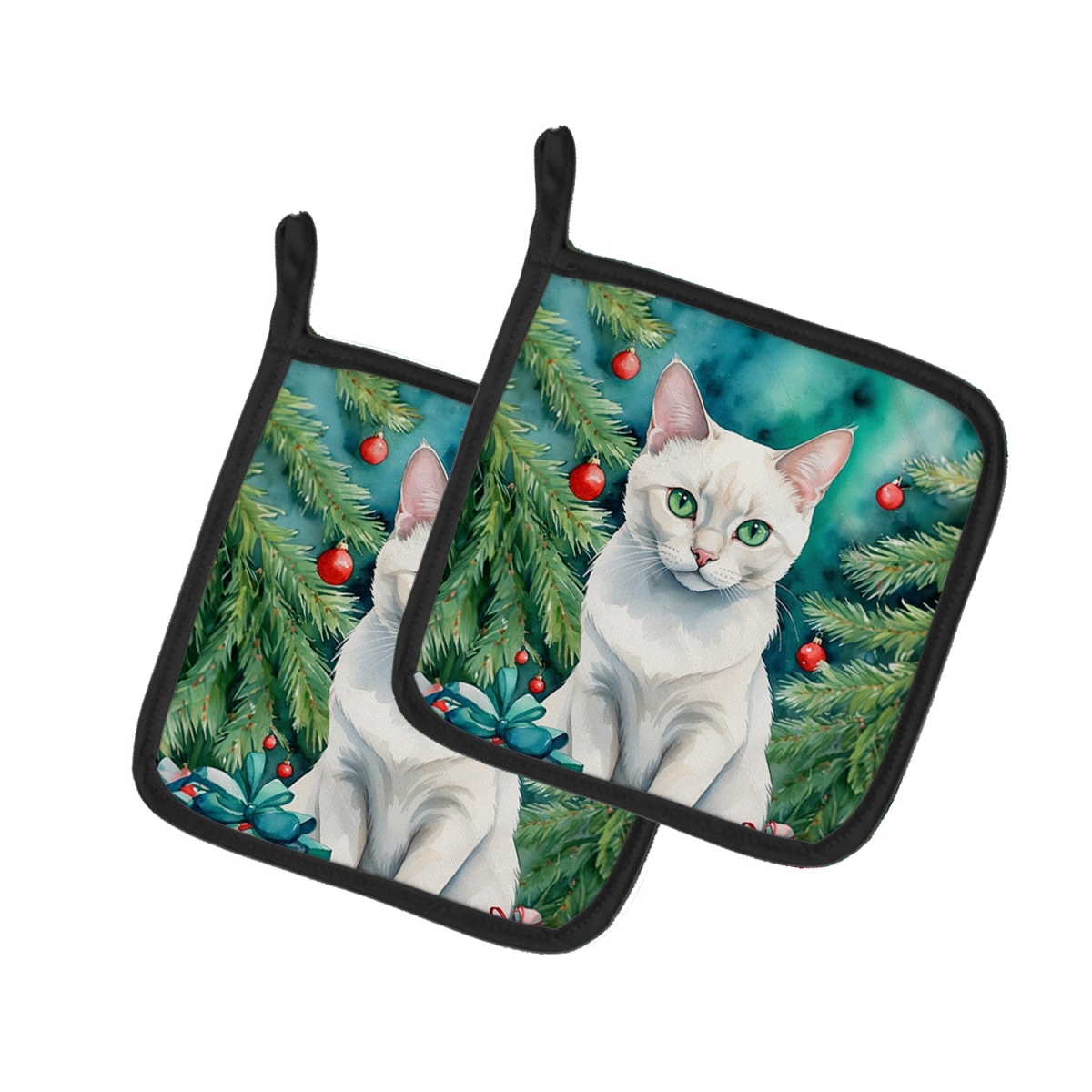 DAC7217PTHD 7.5 x 7.5 in. Foreign White Cat by the Christmas Tree Pot Holders - Set of 2