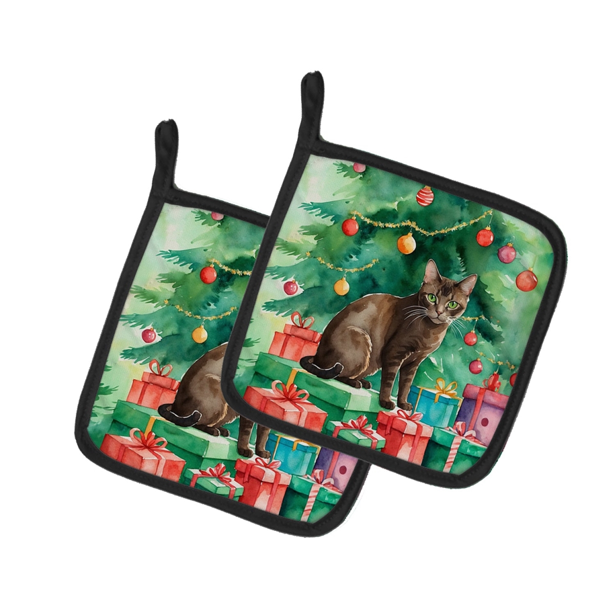 DAC7219PTHD 7.5 x 7.5 in. Havana Brown Cat by the Christmas Tree Pot Holders - Set of 2