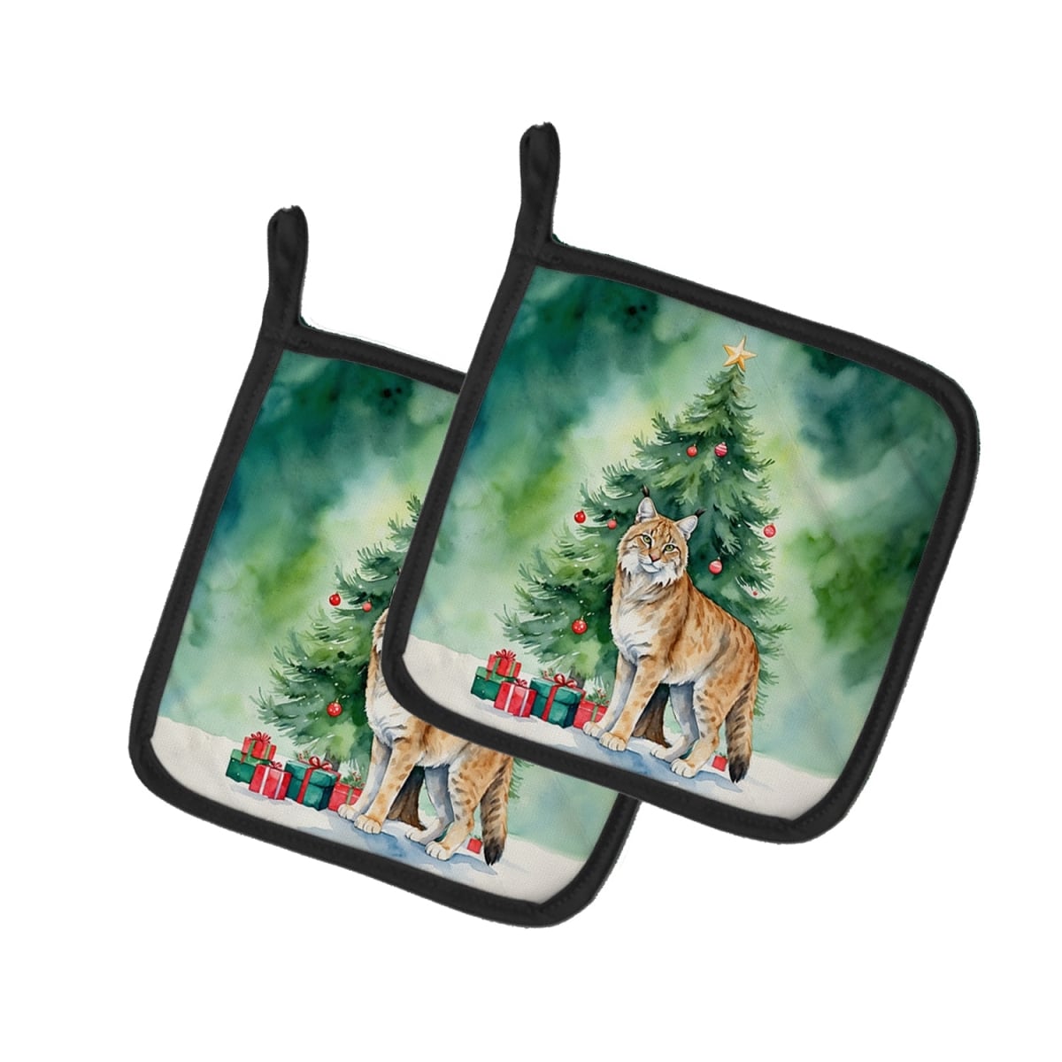 DAC7220PTHD 7.5 x 7.5 in. Highlander Lynx Cat by the Christmas Tree Pot Holders - Set of 2