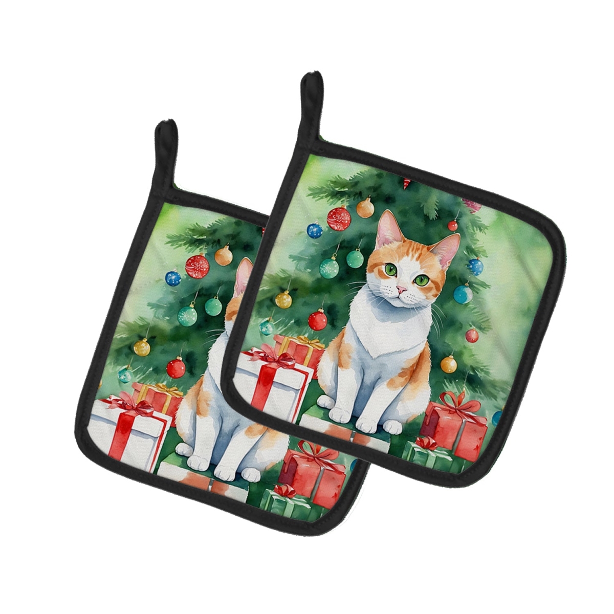 DAC7222PTHD 7.5 x 7.5 in. Japanese Bobtail Cat by the Christmas Tree Pot Holders - Set of 2