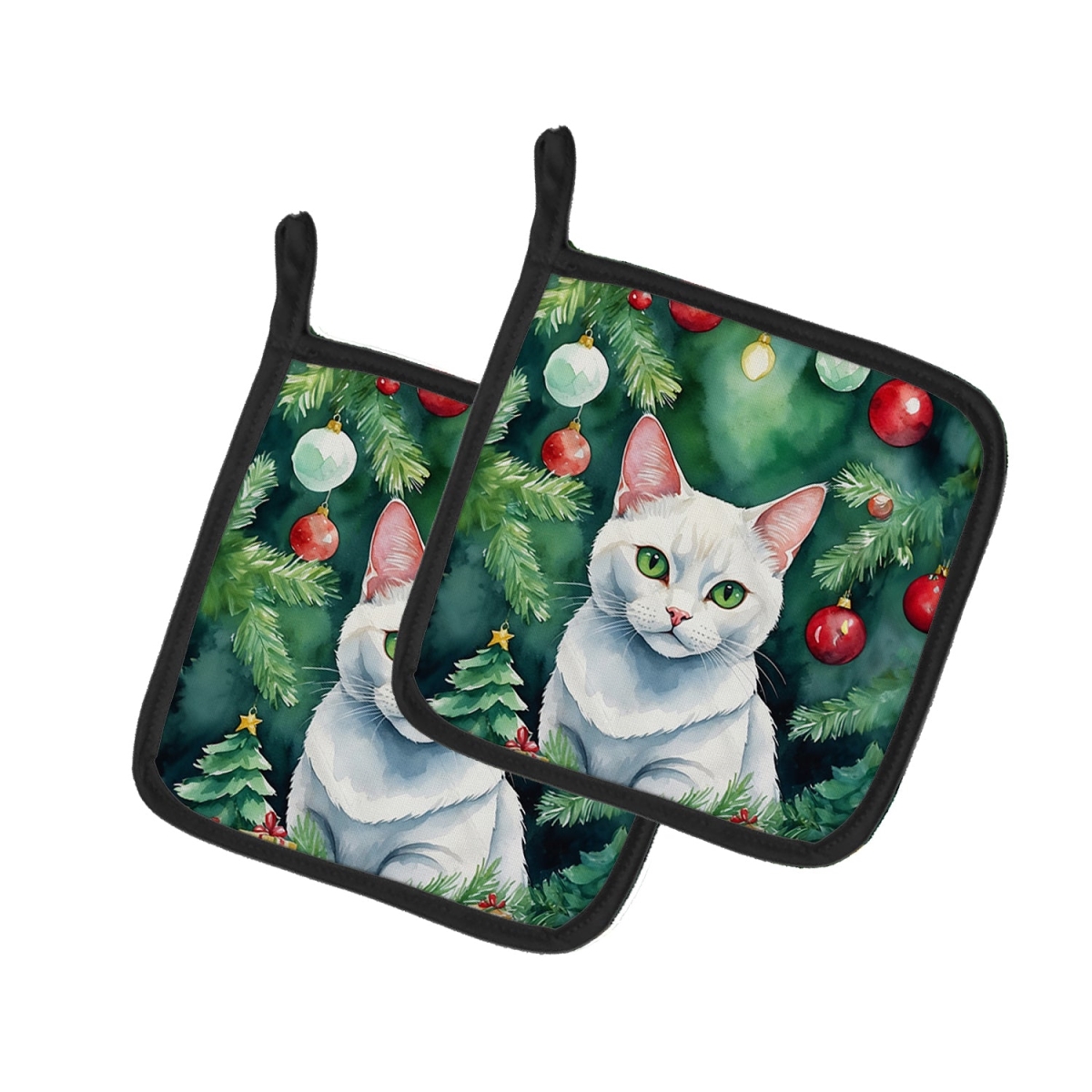 DAC7223PTHD 7.5 x 7.5 in. Khao Manee Cat by the Christmas Tree Pot Holders - Set of 2