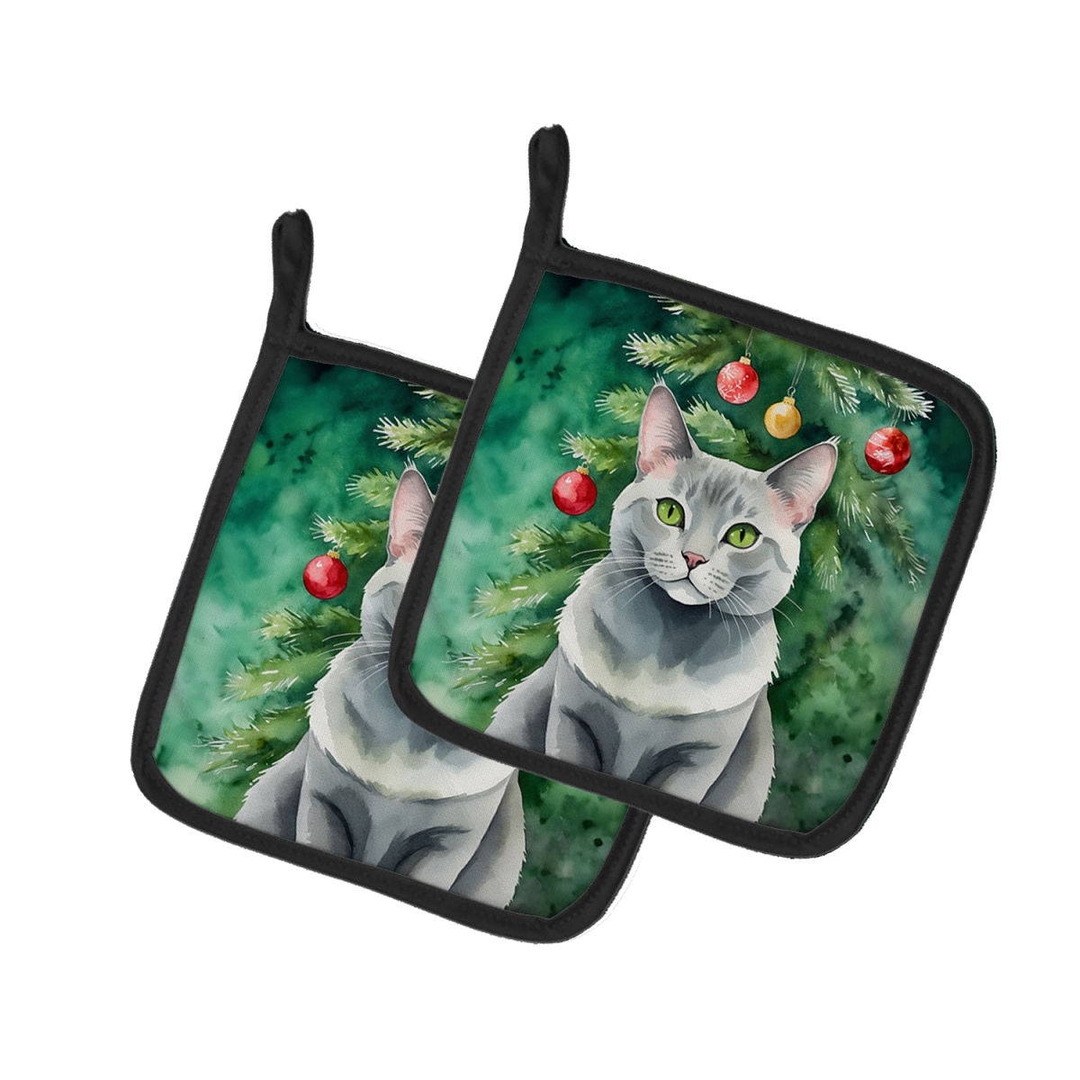 DAC7224PTHD 7.5 x 7.5 in. Korat Cat by the Christmas Tree Pot Holders - Set of 2