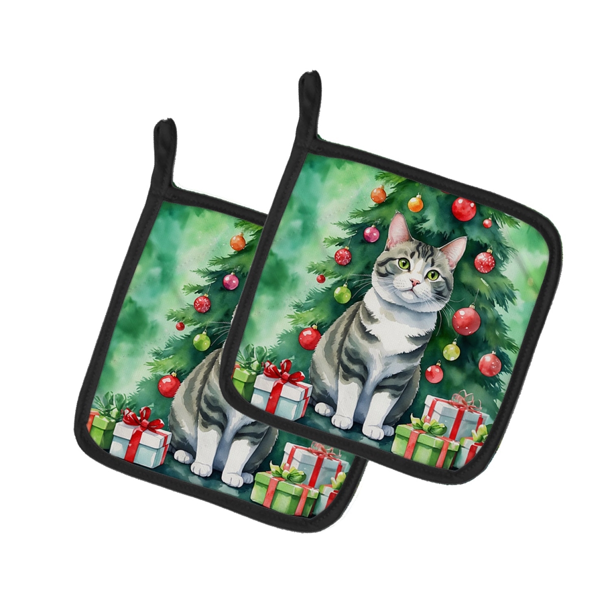 DAC7225PTHD 7.5 x 7.5 in. Korean Bobtail Cat by the Christmas Tree Pot Holders - Set of 2