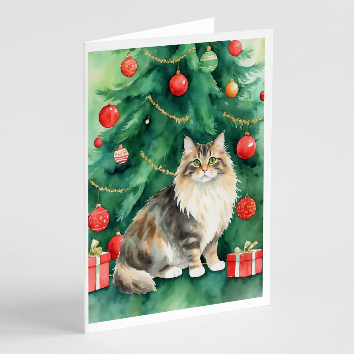 DAC7209GCA7P 5 x 7 in. Cymric Cat by the Christmas Tree Greeting Cards - Pack of 8