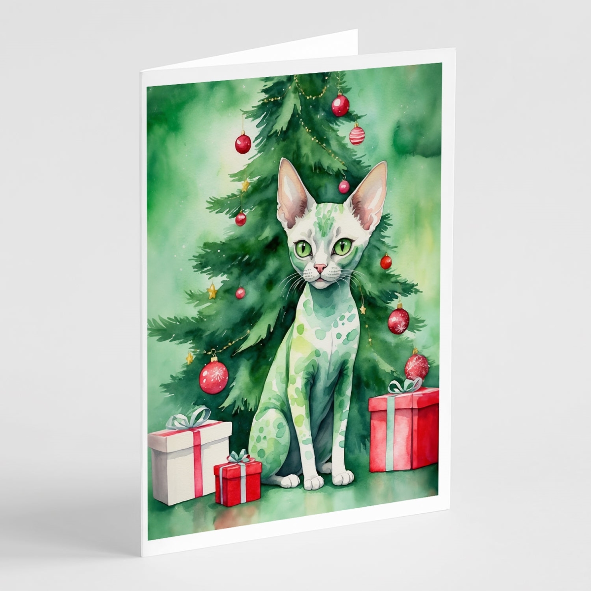 DAC7210GCA7P 5 x 7 in. Devon Rex Cat by the Christmas Tree Greeting Cards - Pack of 8