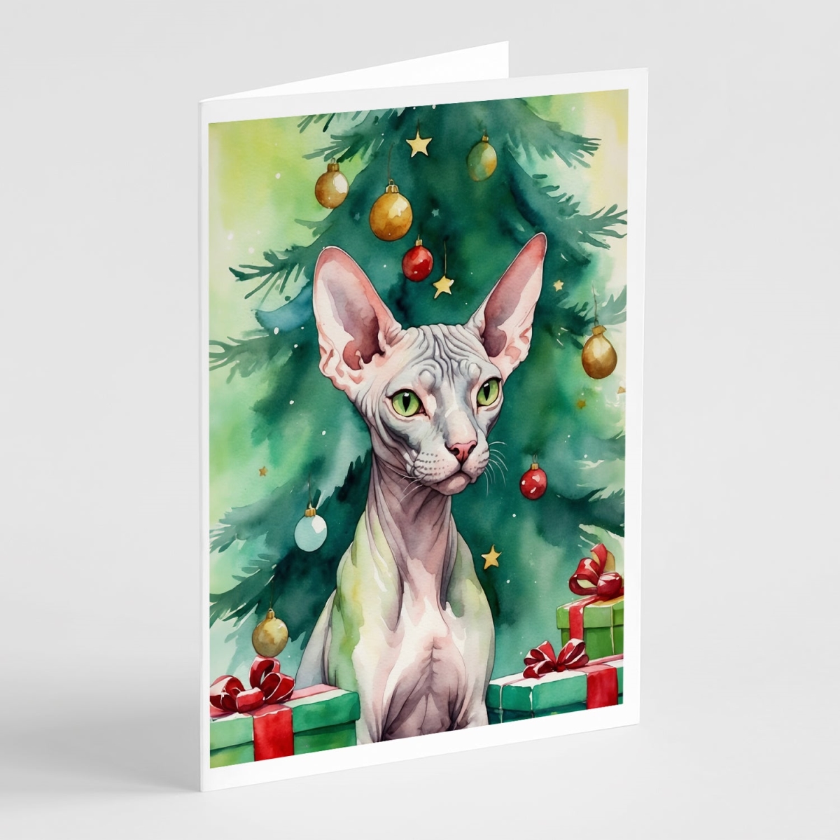DAC7211GCA7P 5 x 7 in. Donskoy Don Sphynx Cat by the Christmas Tree Greeting Cards - Pack of 8