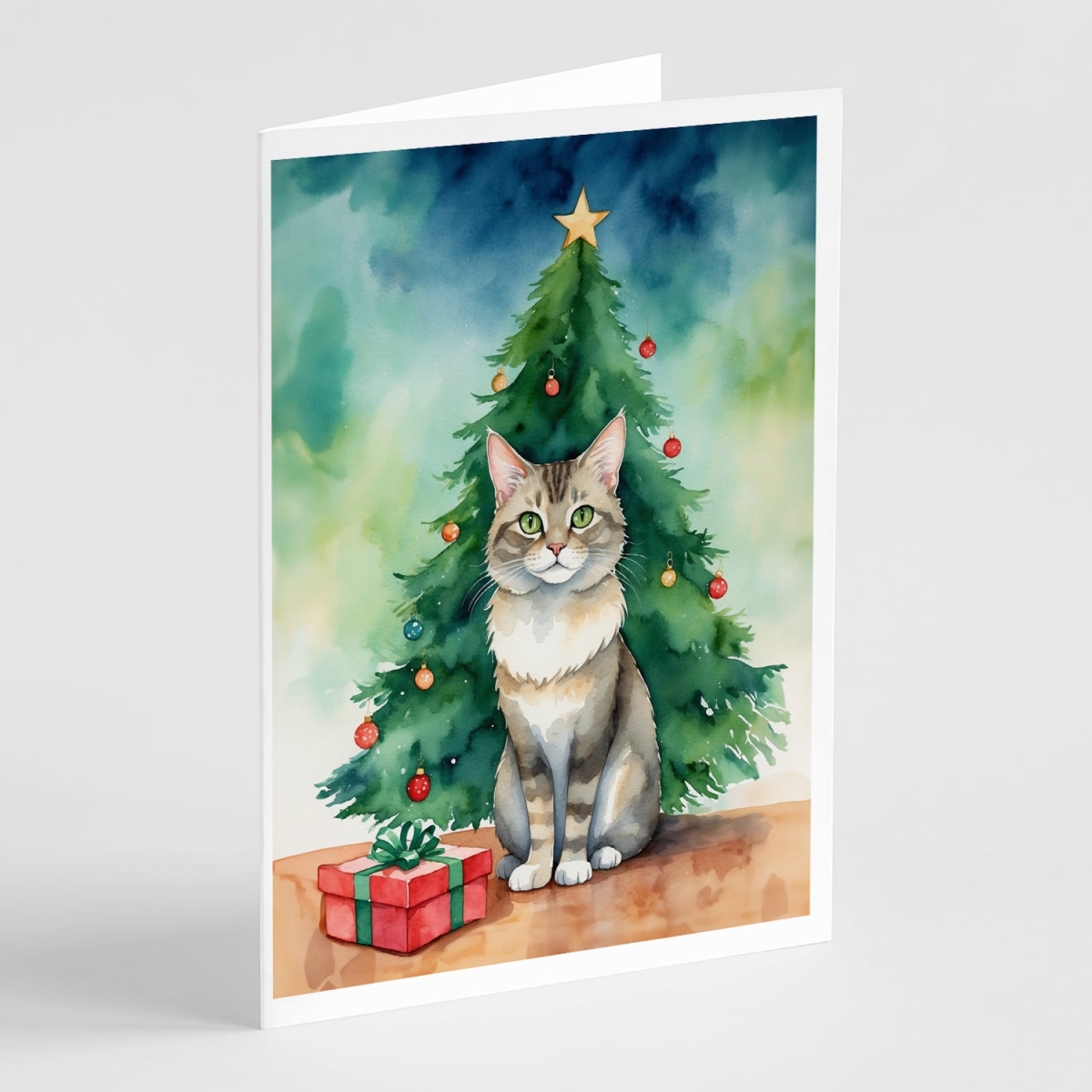 DAC7212GCA7P 5 x 7 in. Dwelf Cat by the Christmas Tree Greeting Cards - Pack of 8