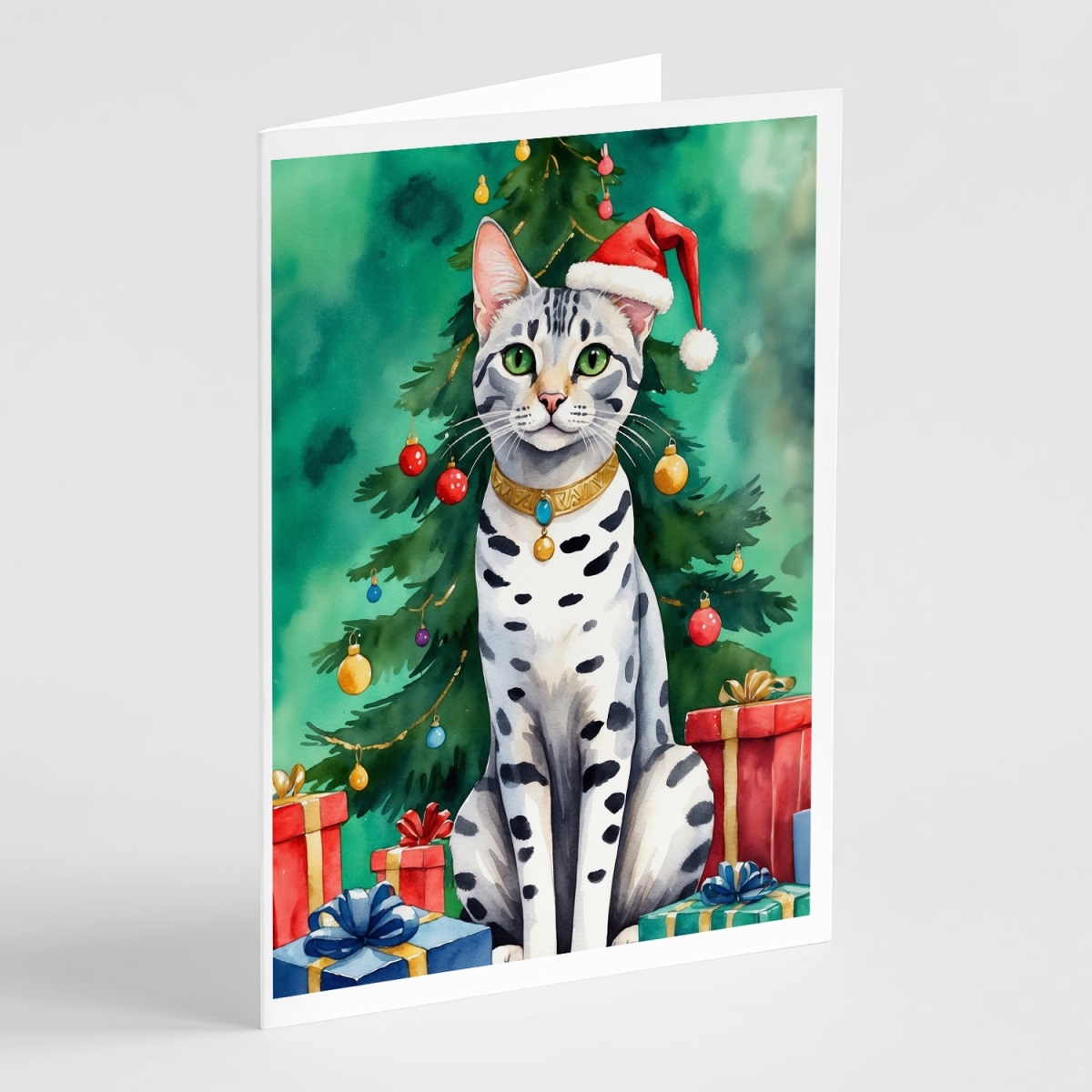 DAC7213GCA7P 5 x 7 in. Egyptian Mau Cat by the Christmas Tree Greeting Cards - Pack of 8