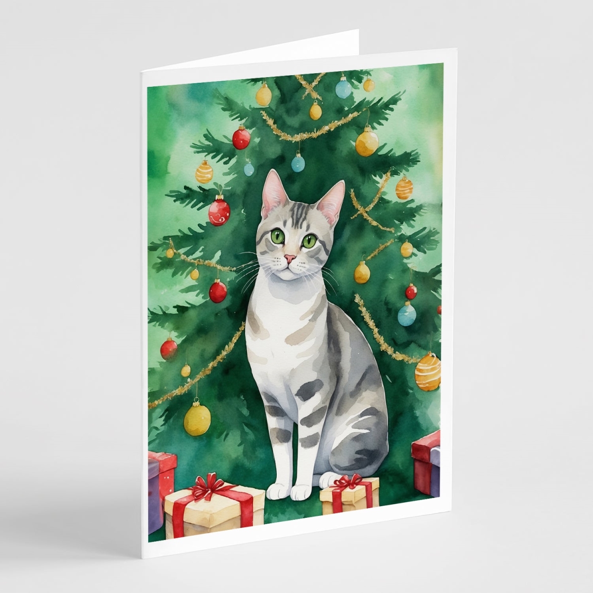 DAC7214GCA7P 5 x 7 in. European Shorthair Cat by the Christmas Tree Greeting Cards - Pack of 8