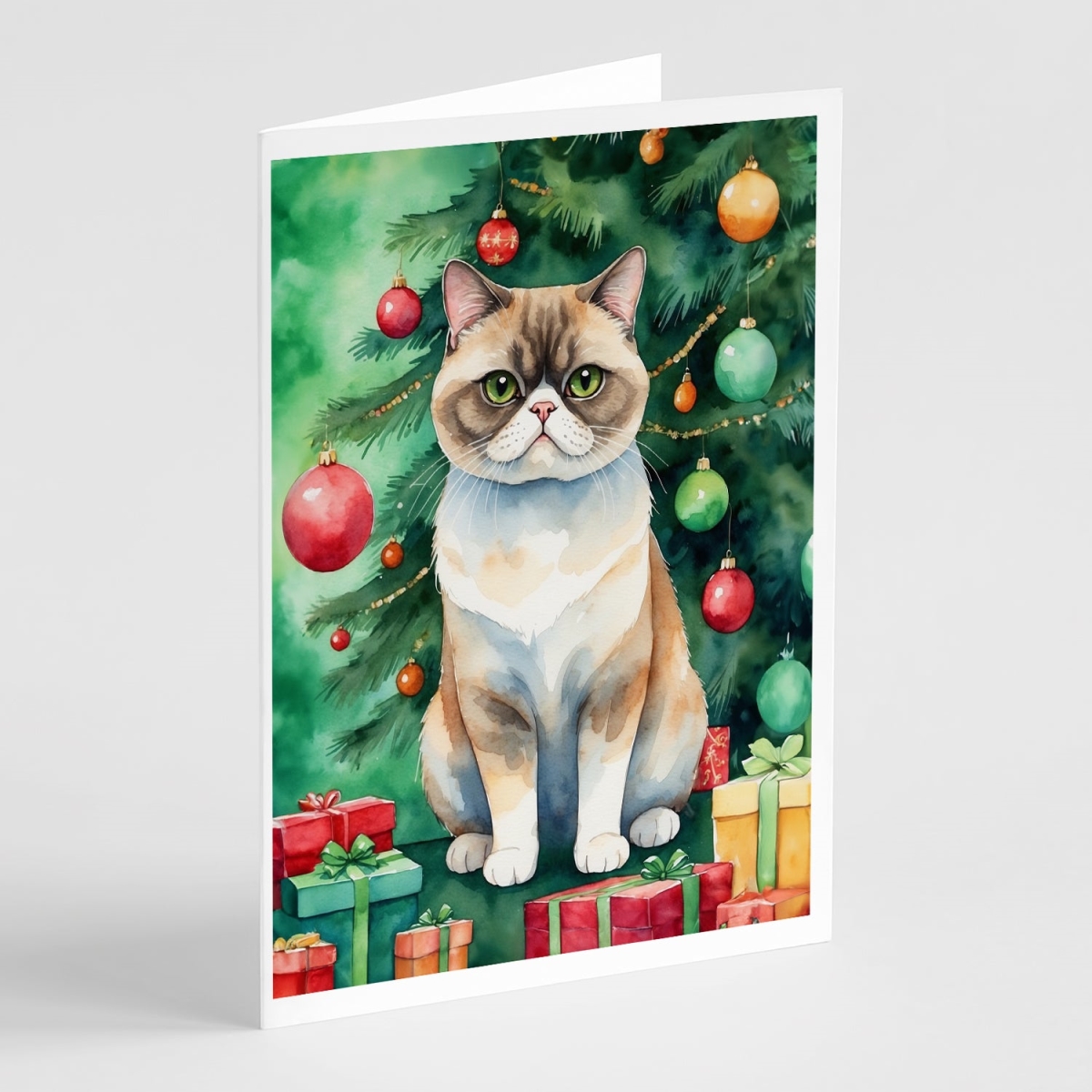 DAC7215GCA7P 5 x 7 in. Exotic Shorthair Cat by the Christmas Tree Greeting Cards - Pack of 8