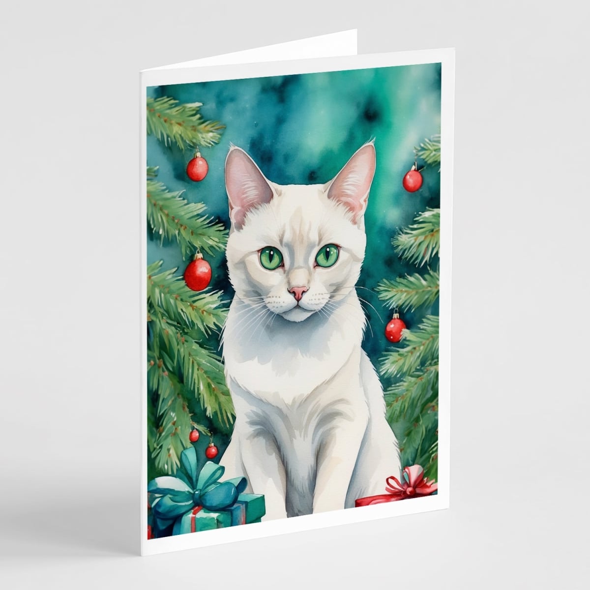DAC7217GCA7P 5 x 7 in. Foreign White Cat by the Christmas Tree Greeting Cards - Pack of 8