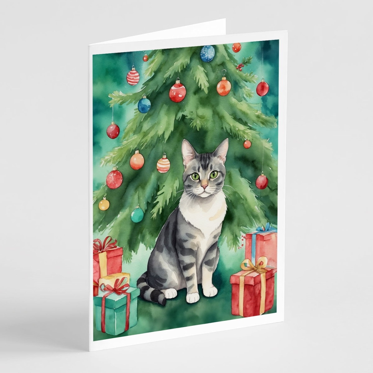 DAC7218GCA7P 5 x 7 in. German Rex Cat by the Christmas Tree Greeting Cards - Pack of 8