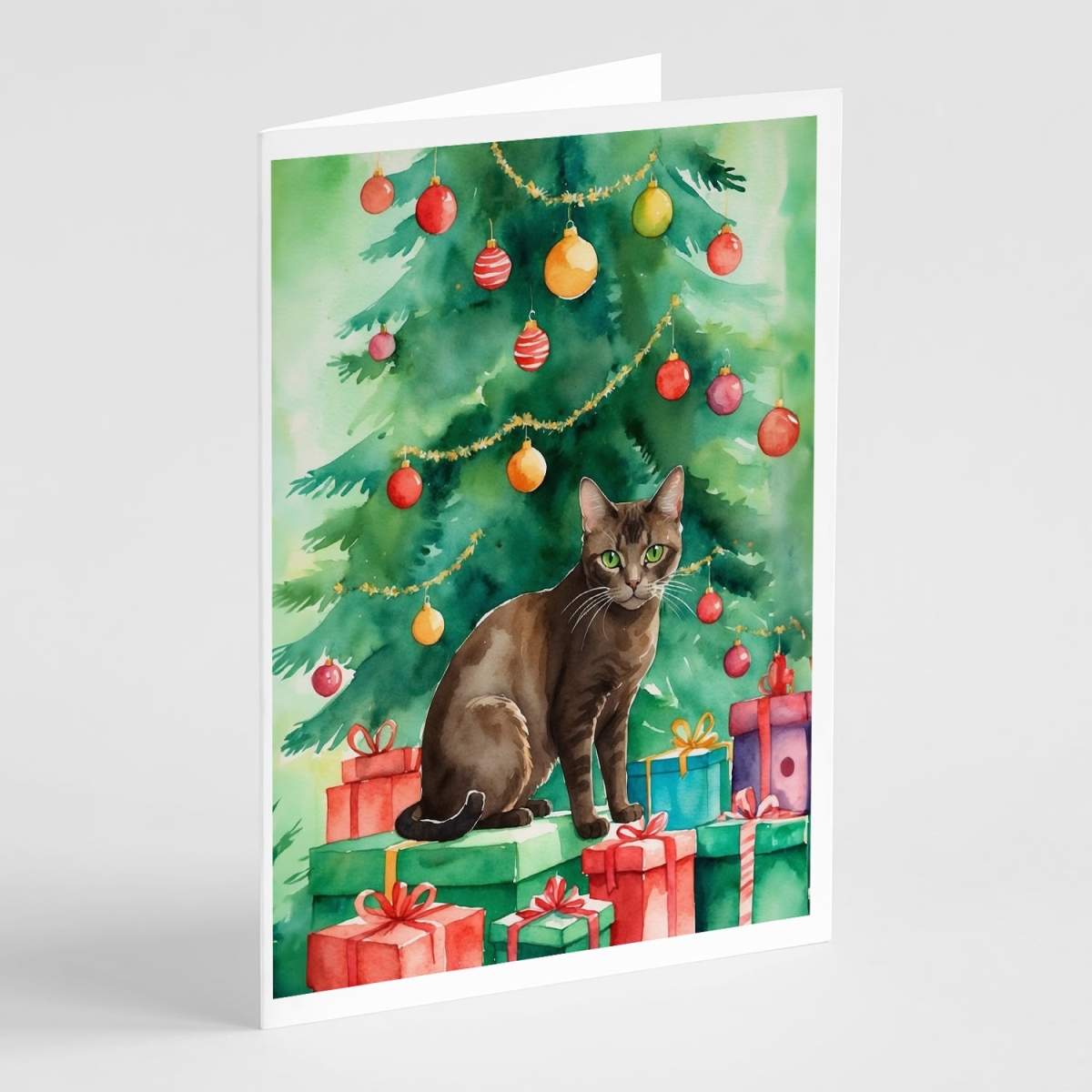DAC7219GCA7P 5 x 7 in. Havana Brown Cat by the Christmas Tree Greeting Cards - Pack of 8