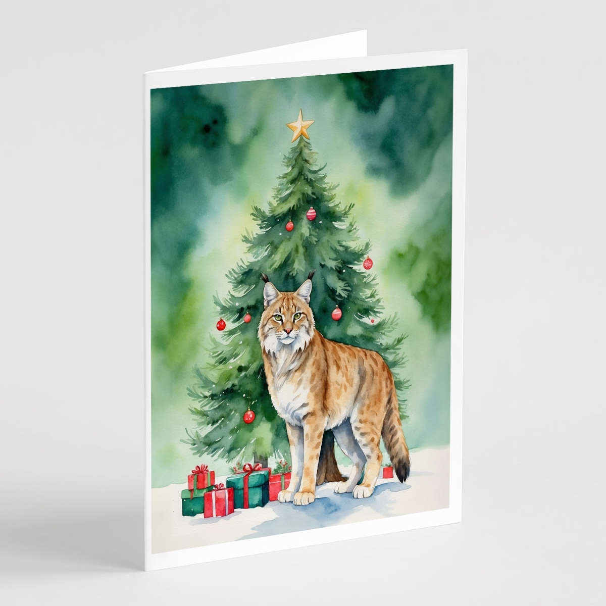DAC7220GCA7P 5 x 7 in. Highlander Lynx Cat by the Christmas Tree Greeting Cards - Pack of 8