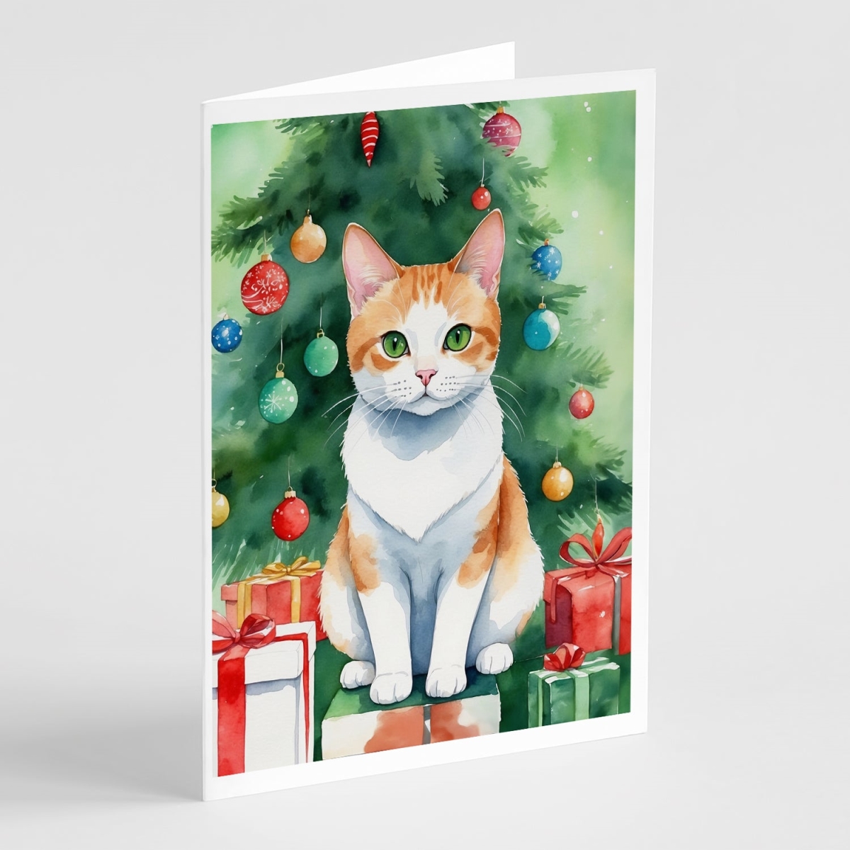 DAC7222GCA7P 5 x 7 in. Japanese Bobtail Cat by the Christmas Tree Greeting Cards - Pack of 8