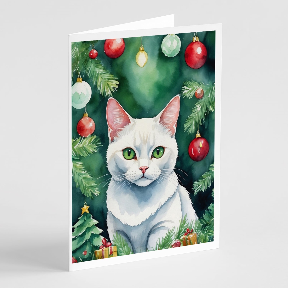 DAC7223GCA7P 5 x 7 in. Khao Manee Cat by the Christmas Tree Greeting Cards - Pack of 8