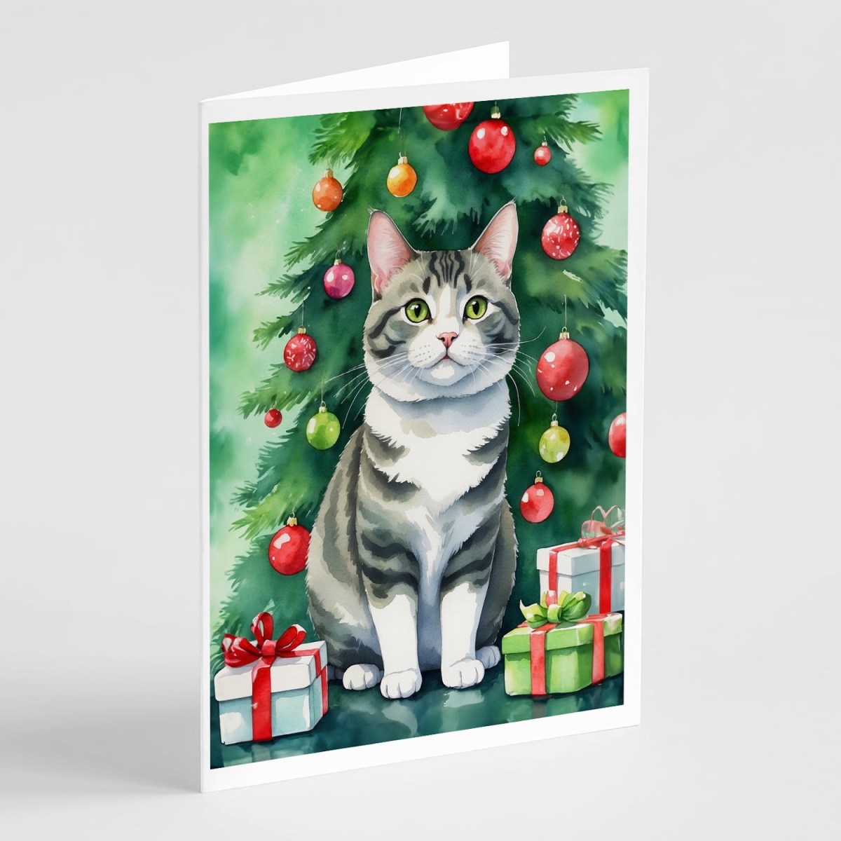 DAC7225GCA7P 5 x 7 in. Korean Bobtail Cat by the Christmas Tree Greeting Cards - Pack of 8