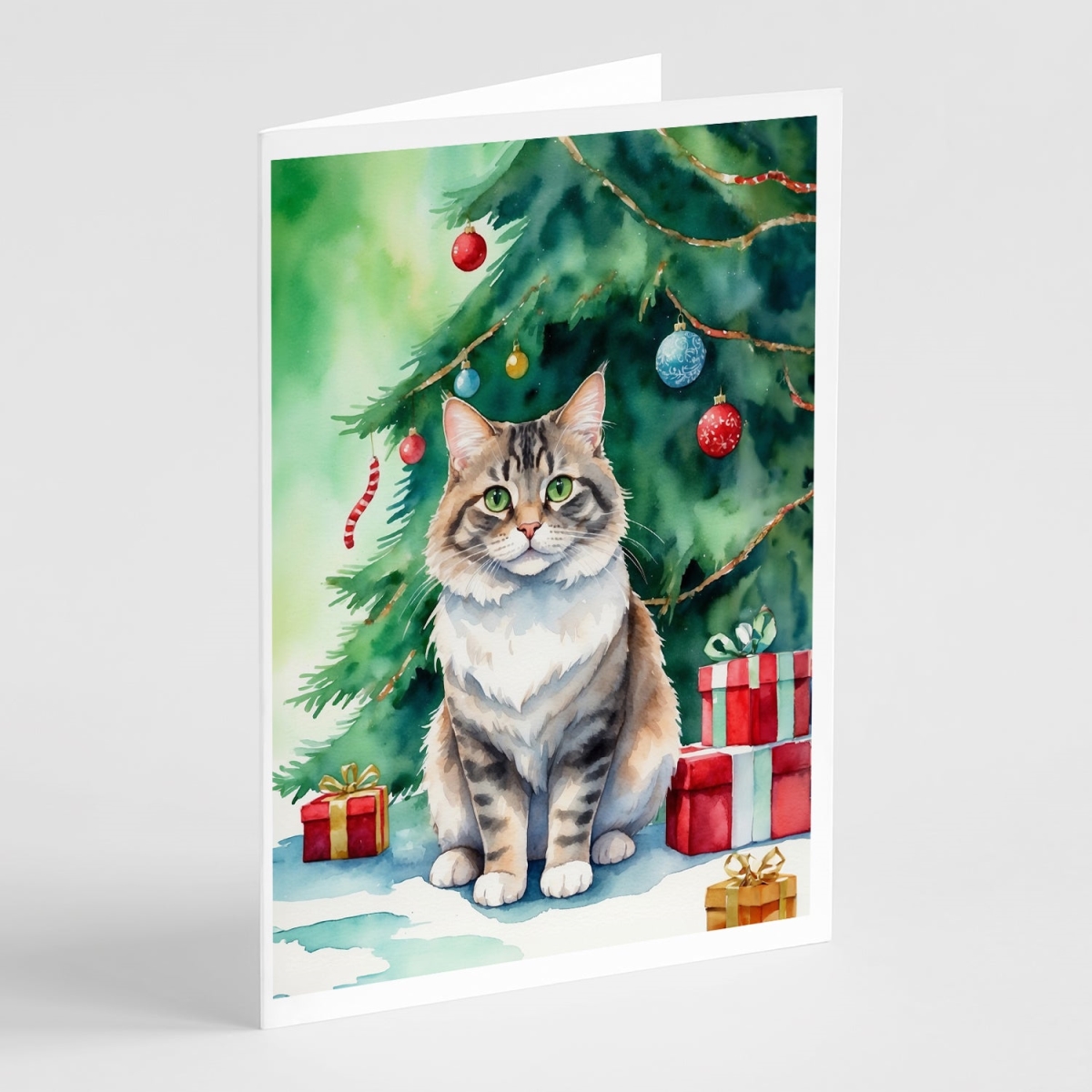 DAC7226GCA7P 5 x 7 in. Kurilian Bobtail Cat by the Christmas Tree Greeting Cards - Pack of 8