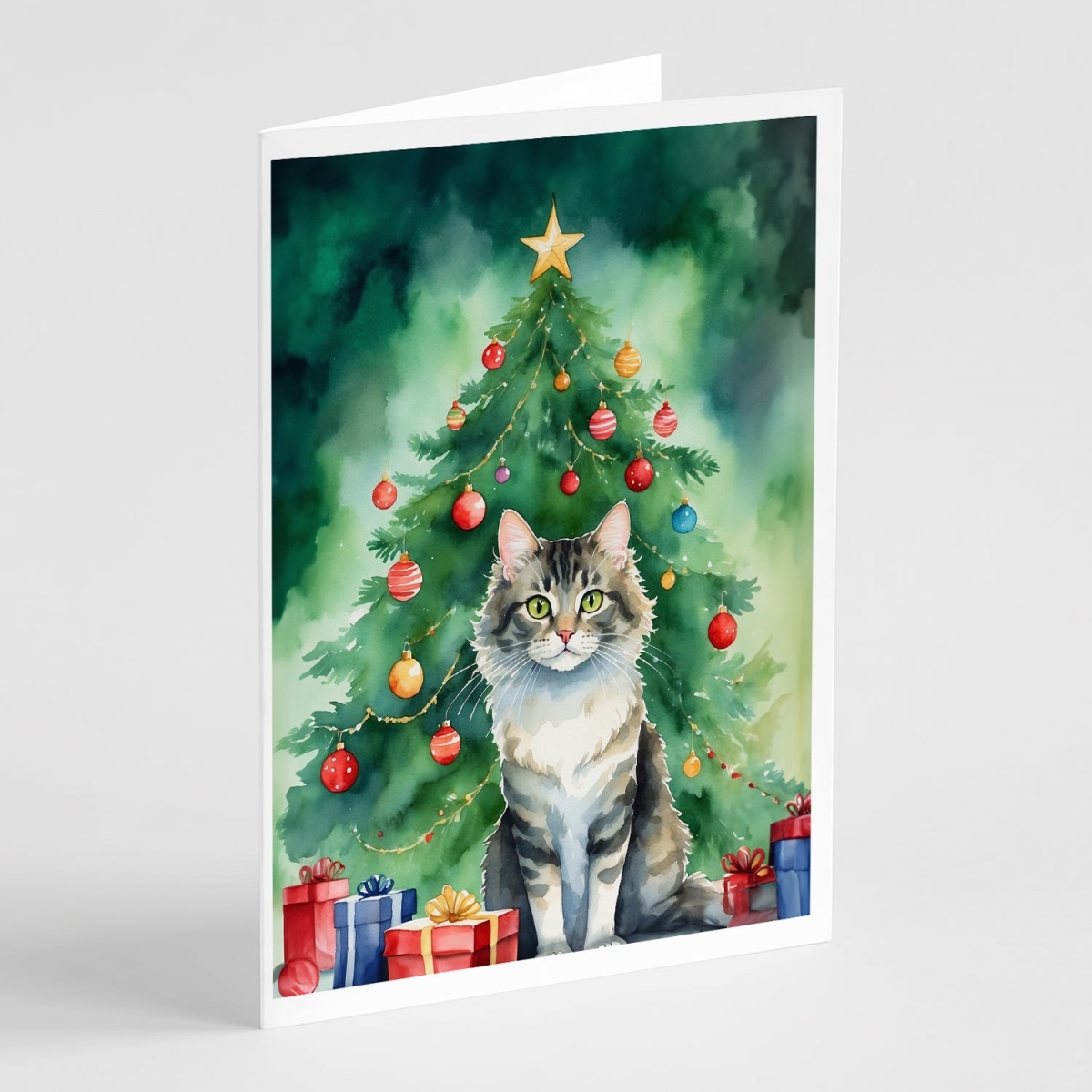 DAC7227GCA7P 5 x 7 in. La Perm Cat by the Christmas Tree Greeting Cards - Pack of 8