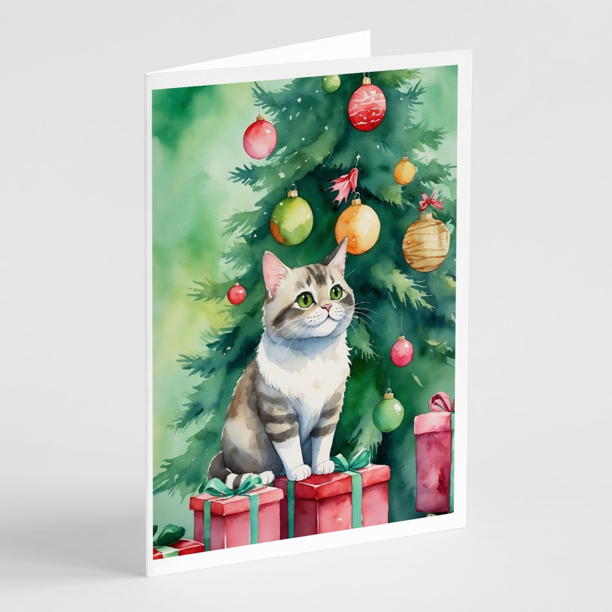 DAC7228GCA7P 5 x 7 in. Li Hua Cat by the Christmas Tree Greeting Cards - Pack of 8