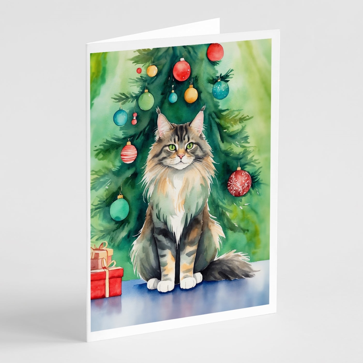 DAC7230GCA7P 5 x 7 in. MaineCoon Cat by the Christmas Tree Greeting Cards - Pack of 8