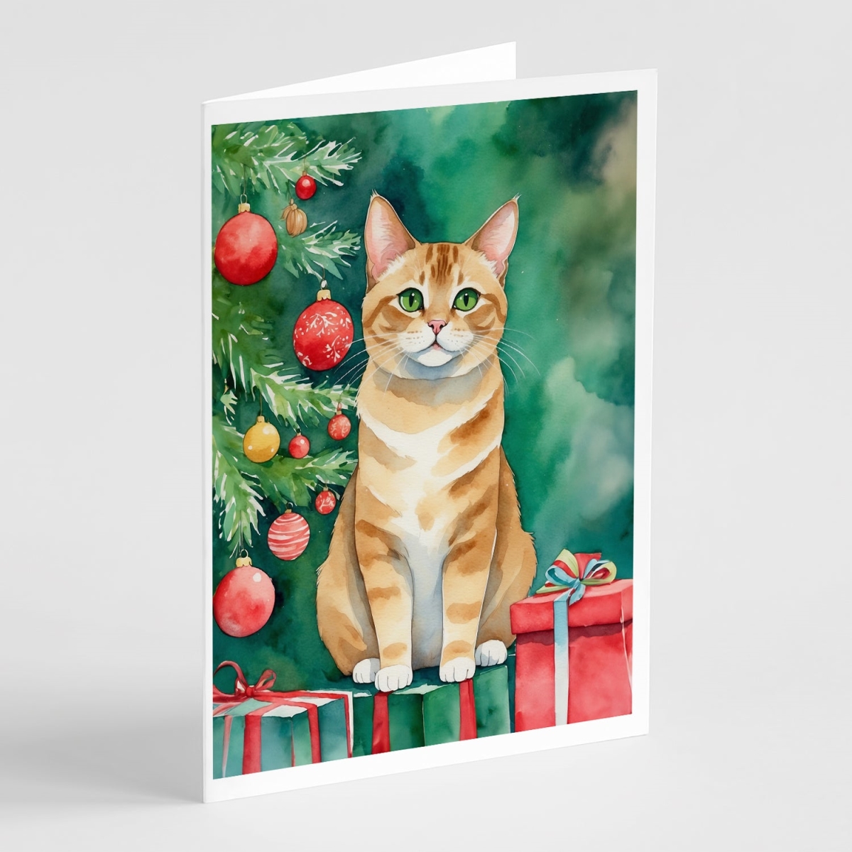 DAC7231GCA7P 5 x 7 in. Malayan Cat by the Christmas Tree Greeting Cards - Pack of 8