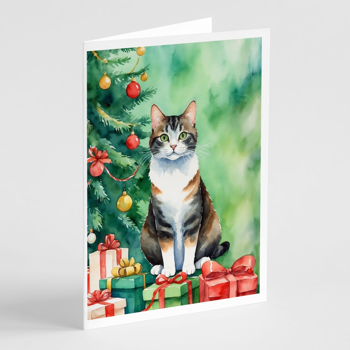 DAC7232GCA7P 5 x 7 in. Manx Cat by the Christmas Tree Greeting Cards - Pack of 8