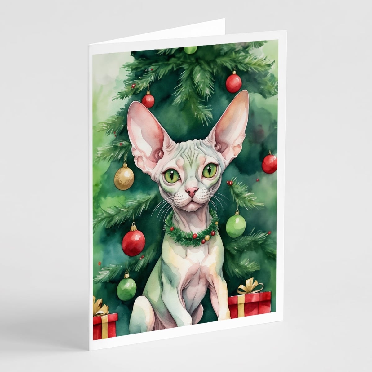 DAC7233GCA7P 5 x 7 in. Minskin Cat by the Christmas Tree Greeting Cards - Pack of 8