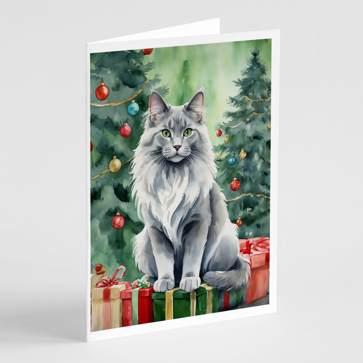 DAC7235GCA7P 5 x 7 in. Nebelung Cat by the Christmas Tree Greeting Cards - Pack of 8