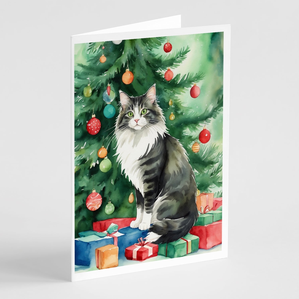 DAC7236GCA7P 5 x 7 in. Norwegian Forest Cat by the Christmas Tree Greeting Cards - Pack of 8
