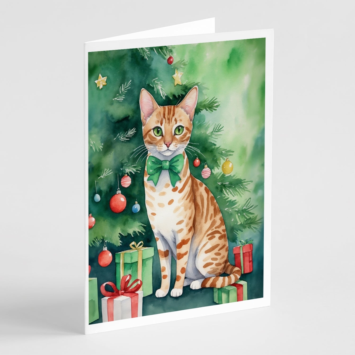 DAC7237GCA7P 5 x 7 in. Ocicat Cat by the Christmas Tree Greeting Cards - Pack of 8