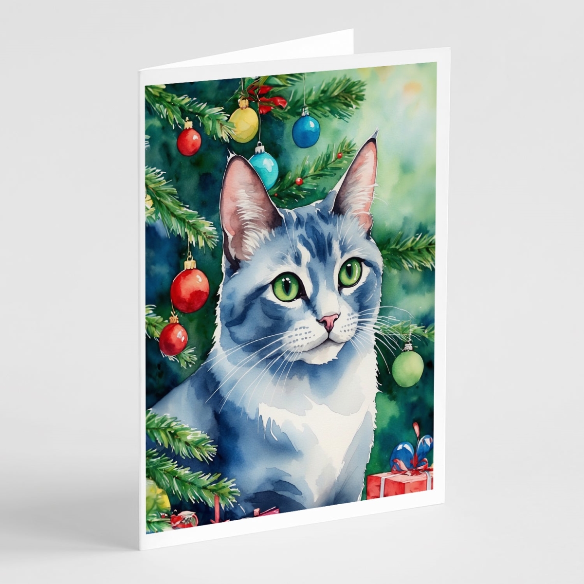 DAC7238GCA7P 5 x 7 in. Ojos Azules Cat by the Christmas Tree Greeting Cards - Pack of 8
