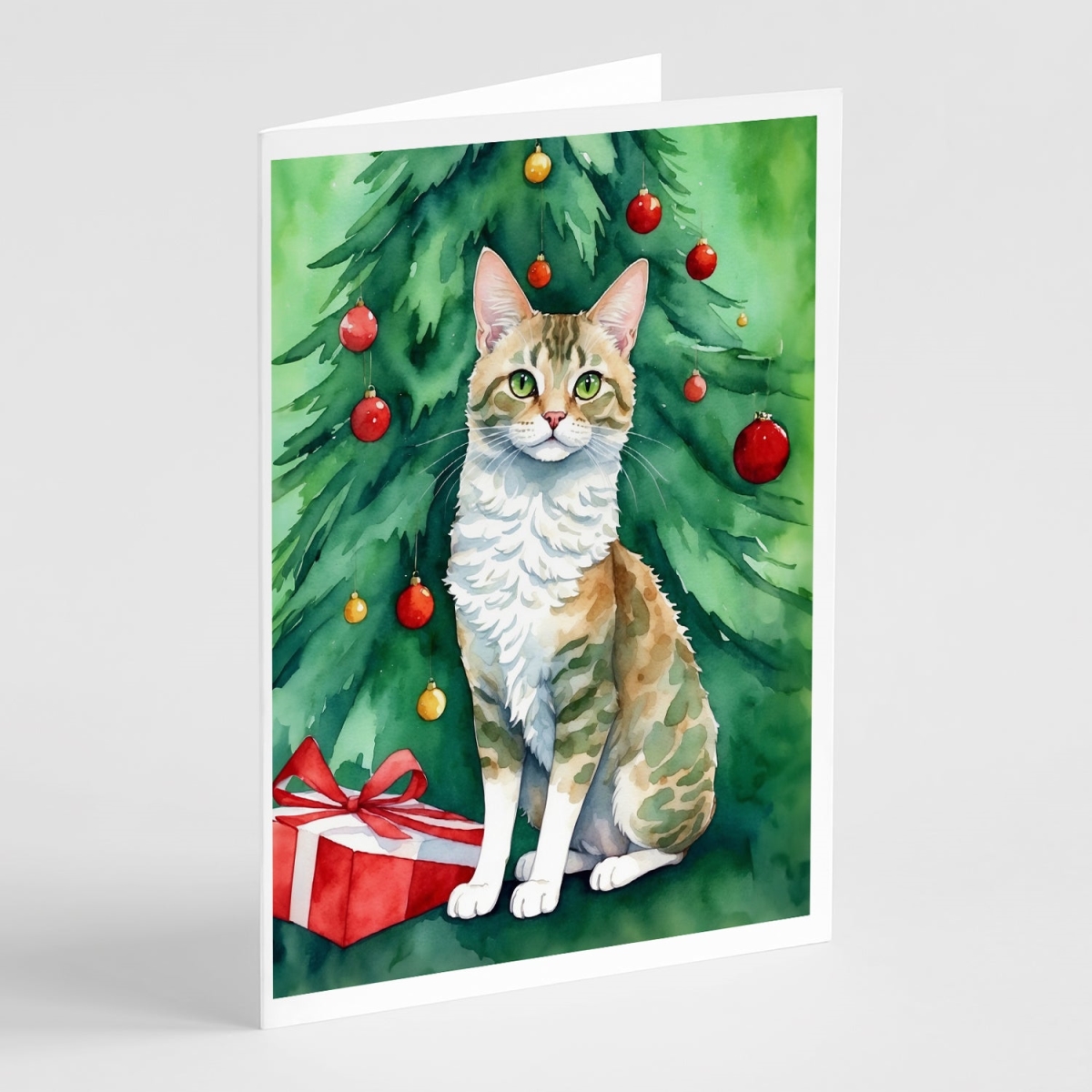 DAC7239GCA7P 5 x 7 in. Oregon Rex Cat by the Christmas Tree Greeting Cards - Pack of 8