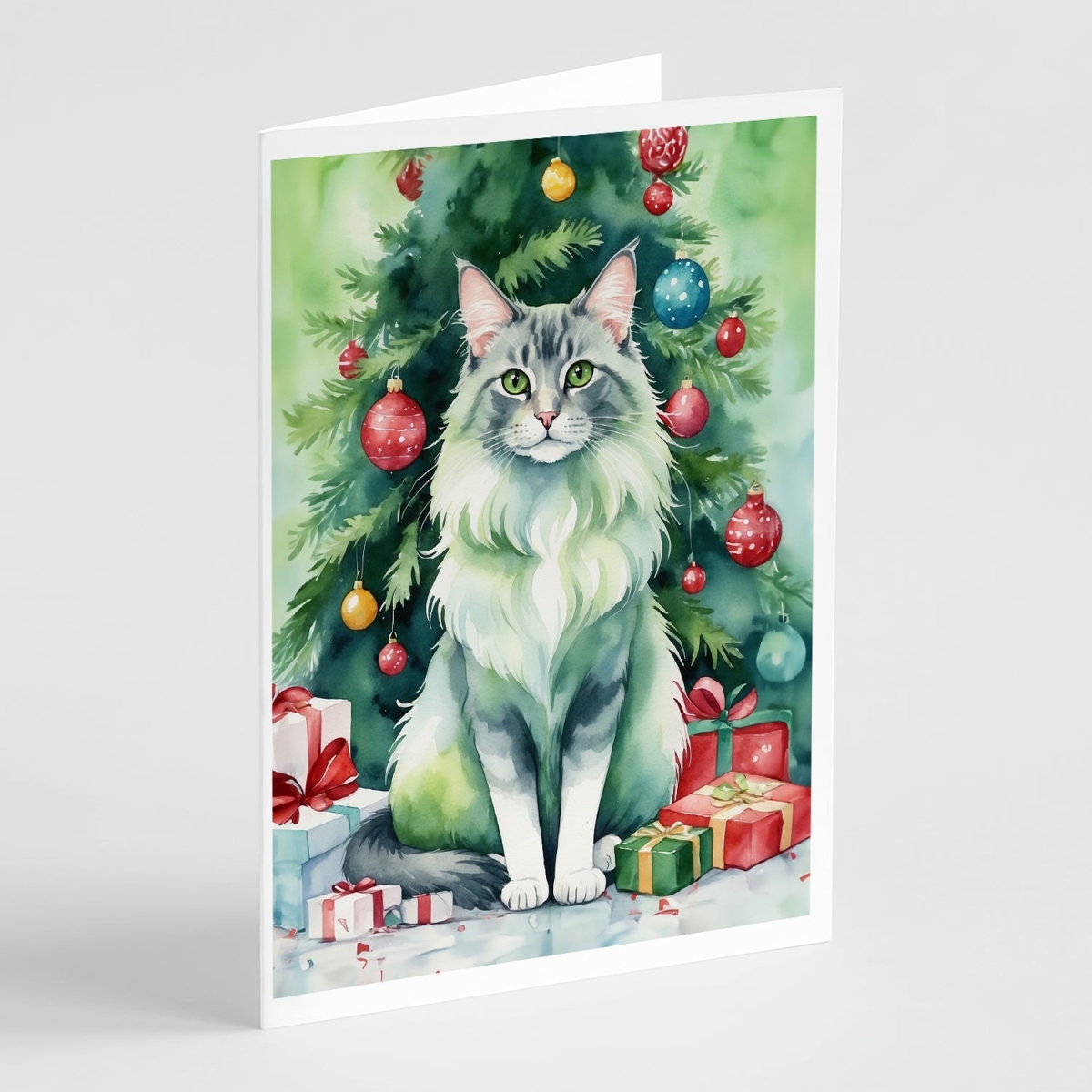 DAC7240GCA7P 5 x 7 in. Oriental Longhair Cat by the Christmas Tree Greeting Cards - Pack of 8